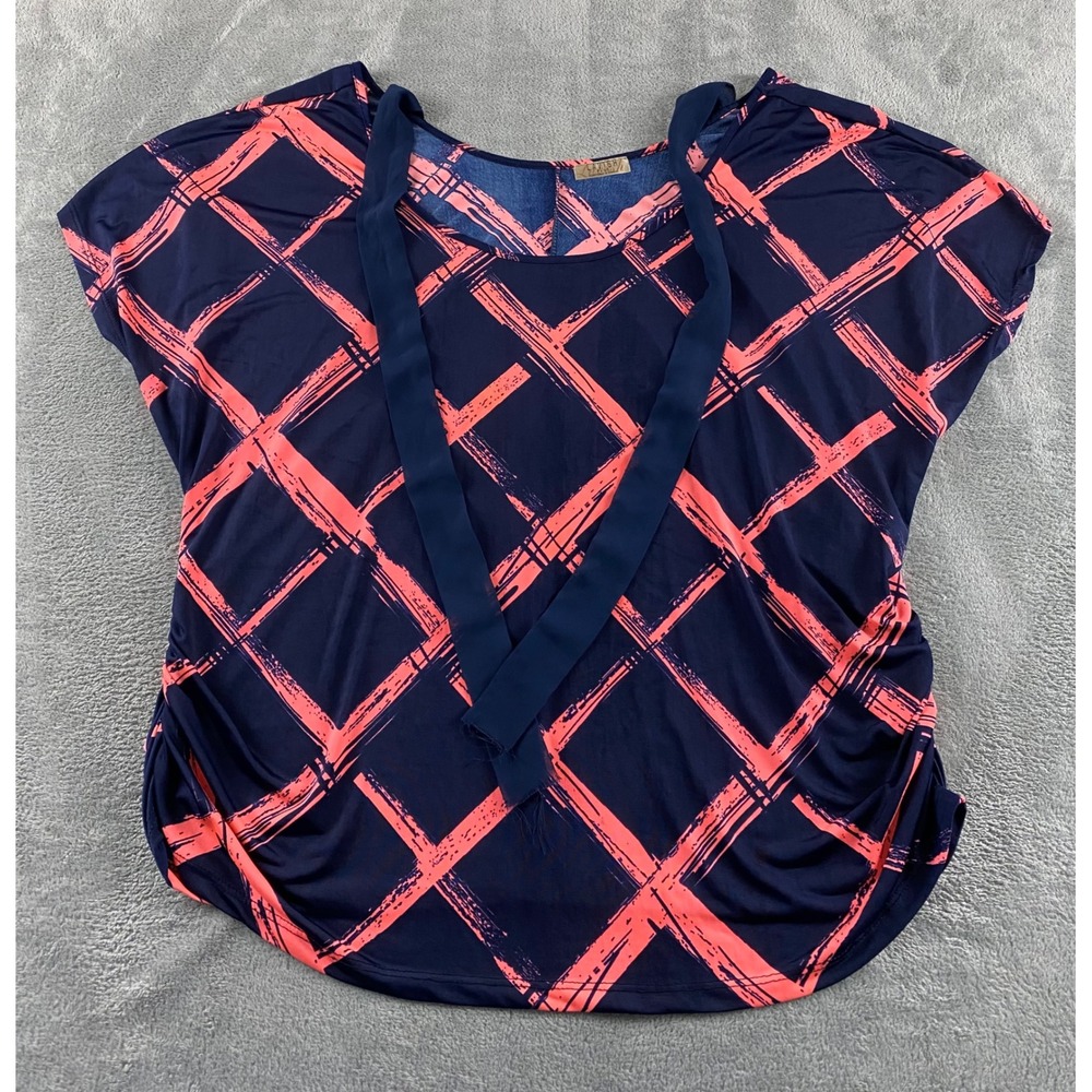 Lavish Plus Navy Blue Coral Pink Plaid Ruched Side‎ Tie Neck Top Plus Size